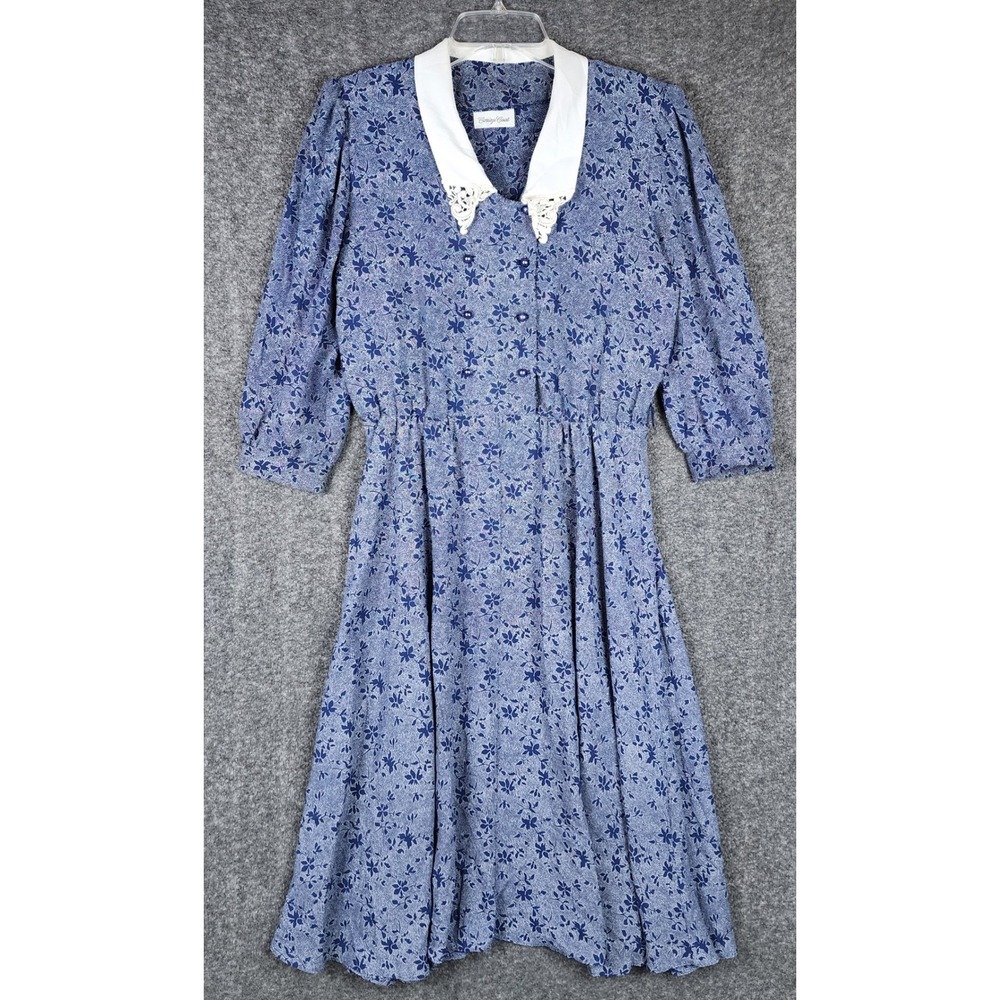 Carriage Court Dress Womens M Vintage Floral Blue Lace Collar Belted EUC